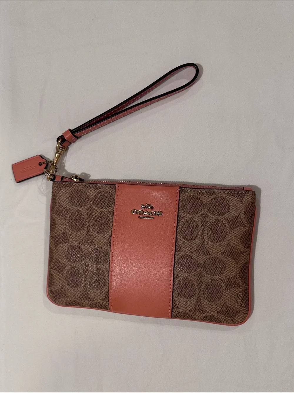 Coach Brown Signature Canvas Wristlet with Coral Trim